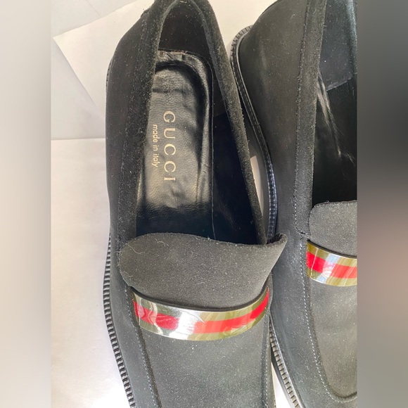 Gucci Black Loafers Red Stripe slip ons slides moccasins 37.5 derbys suede - Picture 2 of 8